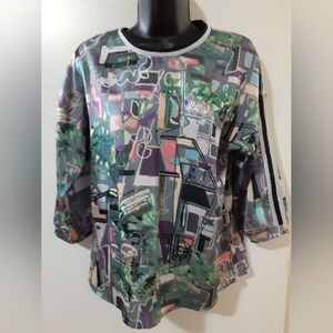 JOLIESSE Top Size 6 Abstract Print Blouse Colorful Art Graphic Statement Shirt